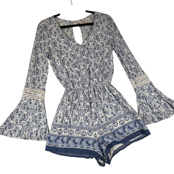 Hollister Pants - Hollister Blue Floral Paisley Bell Sleeve Romper Crochet Lace Small Boho Summer